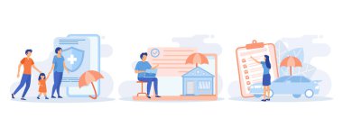 Insurance illustration. Characters presenting car, property and family health or life insurance policies with risk coverage. Insured persons and objects. flat vector modern illustration