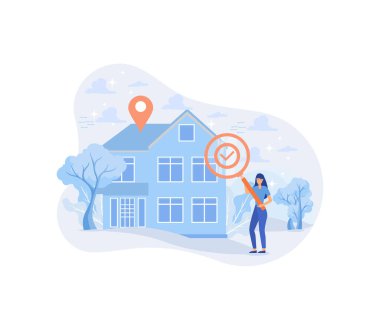Real estate search illustration. Characters searching and choosing apartment or house for renting or buying. Property market concept.flat vector modern illustration