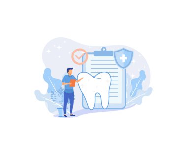 Dental care illustration. Doctor dentist and medical staff taking care about teeth. Professional teeth cleaning, treatment and oral hygiene. Health dental insurance concept. flat vector modern illustration