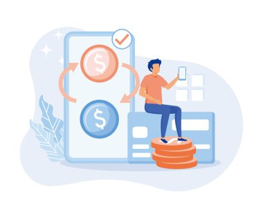 Financial illustration. Characters paying online and receiving bonus money or reward back on credit card. Cashback, financial savings and money exchange concept. flat vector illustration