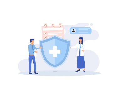 Health insurance illustration. Doctor offering medical insurance policy contract. Patient holding insurance ID card. Medicine and healthcare concept.flat vector modern illustration