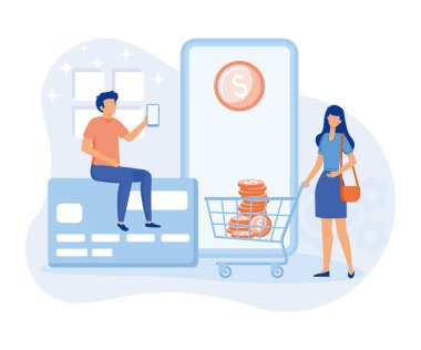 Financial illustration. Characters paying online and receiving bonus money or reward back on credit card. Cashback, financial savings and money exchange concept. flat vector illustration