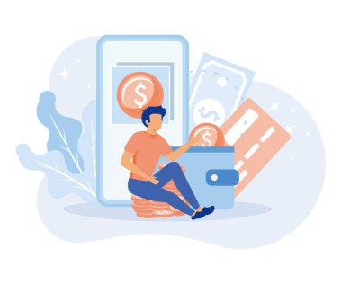 Financial illustration. Characters paying online and receiving bonus money or reward back on credit card. Cashback, financial savings and money refund concept. flat vector illustration