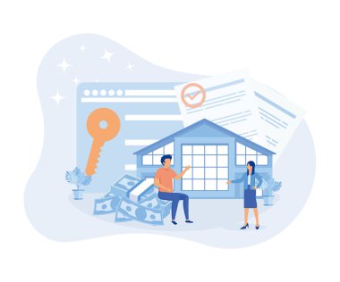 Mortgage process illustration . People buying property with mortgage. Characters getting bank approval, reading contact and legal documents and receiving house keys. flat vector illustration