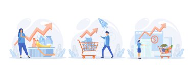 Inflation illustration set. Characters buying food in supermarket and worries about groceries rising price. Consumer price index growth and financial crisis concept.set flat vector modern illustration