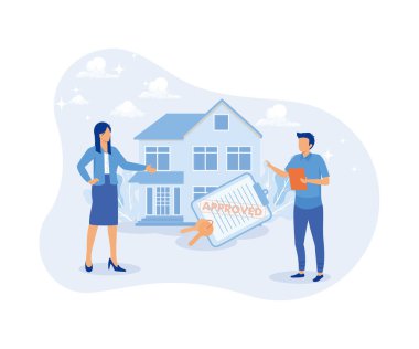 Mortgage process illustration . People buying property with mortgage. Characters getting bank approval, reading contact and legal documents and receiving house keys. flat vector illustration