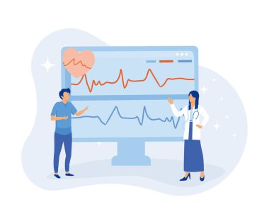 Heart disease screening and diagnostic illustration. Doctor checks blood pressure and examine cardiogram and pulse on EKG monitor. Healthcare and medicine concept. flat vector illustration
