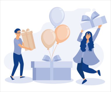 Birthday celebration scenes. People celebrating near birthday cake, holding balloons, preparing gift boxes. Happy birthday concept.flat vector modern illustration