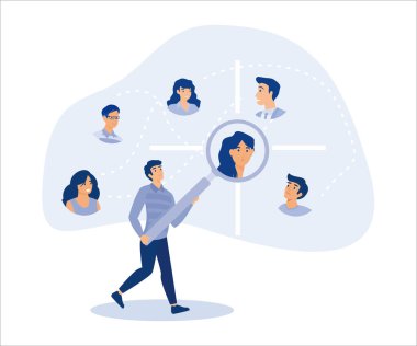 advertising focused group concept, businessman with magnifying glass focus on customer. Flat vector modern illustration.