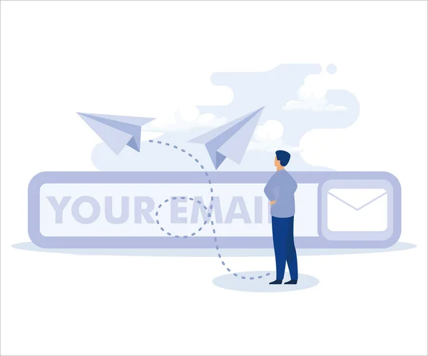 Subskrypcja Mail Wysyłania Newslettera Celu Promocji Aktualizacji Produktu Biznesmen Uruchamianie — Wektor stockowy