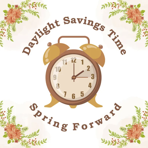 Daylight Saving Time Concept Clocks Moves Forward One Hour Floral — Vetor de Stock