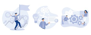 Startup development concept,  Leadership and business plan, collaboration, mutual assistance, managing skills, effective communication, set flat vector modern illustration
