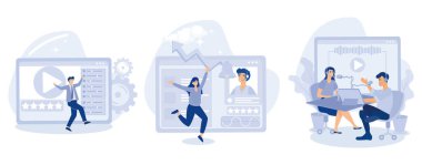 Media and tv content concept, Content rating, viral content, podcast creation, games and apps, video production, engaging marketing, entertainment, set flat vector modern illustration