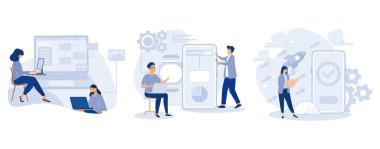 Yazılım ve önyüz geliştirme, HTML5 web sitesi geliştirme, giyilebilir mobil uygulama, hızlandırılmış mobil sayfalar, ilgili iniş tasarımı, düz vektör modern illüstrasyonunu ayarla