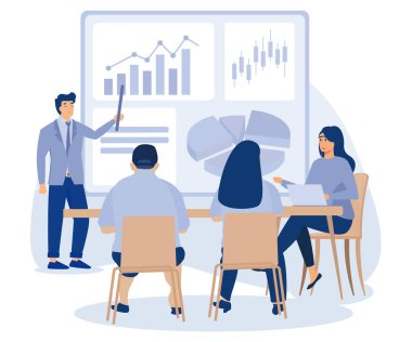 Master of Science in finance, Group of diverse people making business plan together,flat vector modern illustration