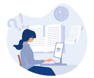 College search, Student thinking, preparing for exams, choosing education program online, graduate visit college fair,flat vector modern illustration