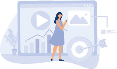 SMM strateji kavramı, Sosyal medya yönetimi, mikroblog platformu, çevrimiçi içerik pazarlaması, kullanıcı bağlantısı ve etkileşimi, düz vektör modern illüstrasyon
