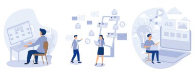 Dijital pazarlama hizmetleri, SEO web sitesi optimizasyonu, e-posta pazarlaması, bülten gönderme, içerik reklamları oluşturma, düz vektör modern illüstrasyon