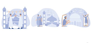 Kurban Bayramı ve Ramazan konsepti, Arapça İslami Kaligrafi metni, düz vektör modern illüstrasyonunu ayarla