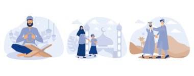Ramazan Kareem, Müslüman insanlar birbirlerine sarılıyor, Hari Raya Aidilfitri sırasında af diliyorlar, düz vektör modern illüstrasyonunu kuruyorlar.