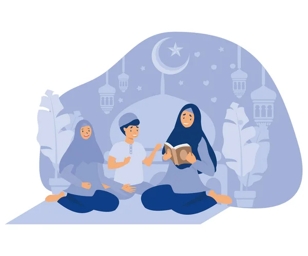 Stock vector Mother teaching their kids to read Quran, Islamic Ramadan Kareem family moment, flat vector modern illustration