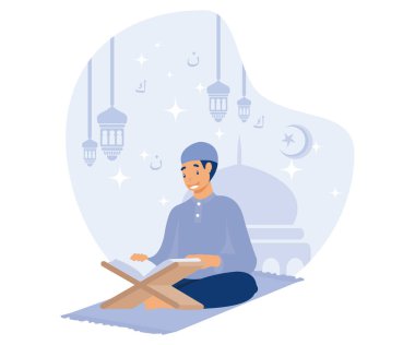Adam gece El-Kuran okuyor Ramazan günü, Ramazan kareem, düz vektör modern illüstrasyon.