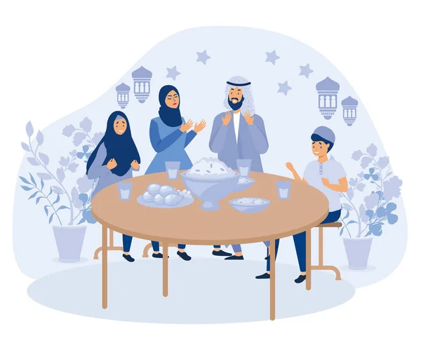 Cena Ramadán Familia Musulmana Comiendo Celebrando Iftar Platos Festivos Árabes — Vector de stock