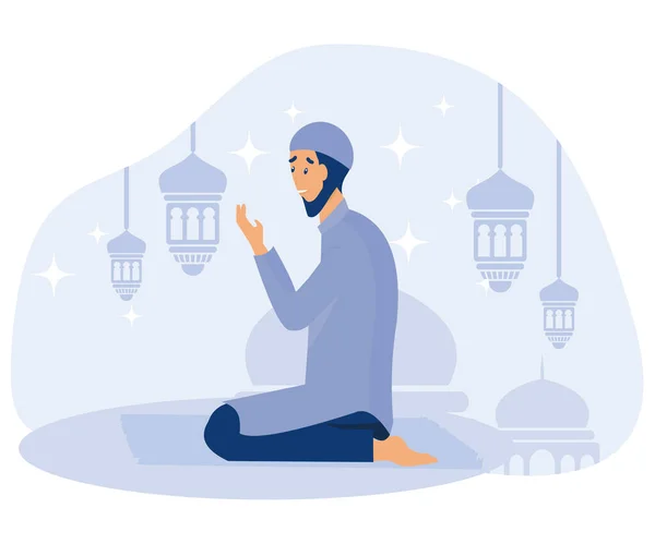 Ramadan Kareem Gift Card Man Met Islamitische Achtergrond Platte Vector — Stockvector