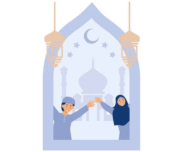 斋月卡伦贺卡 穆斯林儿童与狂热的灯笼 清真寺 新月形月亮 平面矢量现代插图 — 图库矢量图片
