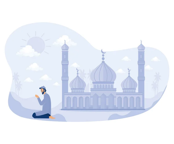Muzułmanin Robi Modlitwę Świeżym Powietrzu Pięknym Meczetem Tyłu Ramadan Kareem — Wektor stockowy