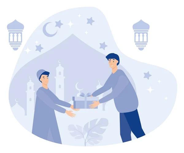 stock vector Muslim people giving sadaqa to poor people, ramadhan kareem, flat vector modern illustration 