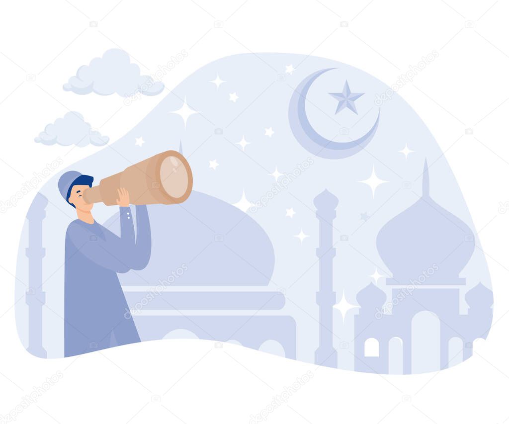 Muslim searching the new moon or hilal with telescope, signals start of the Islamic holy month of Ramadan fasting, flat vector modern illustration