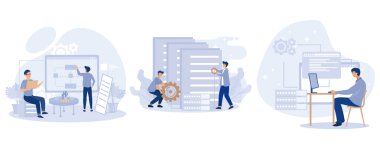 Veritabanı depolama kavramı, Büyük Veri Mimarisi geliştiricisi, programlama dili, veri bilim araçları, yazılım geliştirme, bilgi görselleştirme, düz vektör modern illüstrasyonunu ayarla
