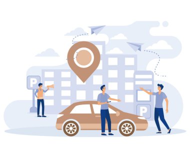Otoparkta araba konsepti. Küçük insanlar park yeri arıyor, otomobil park ediyorlar. düz vektör modern illüstrasyon