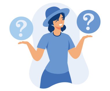 Seçim yap, karar ver. Kafası karışmış iş kadını şüpheye düşüyor, karar veriyor, öncelikler belirliyor. Sorgulanmış çalışan düşünme, iki seçeneği analiz, düz vektör modern illüstrasyon