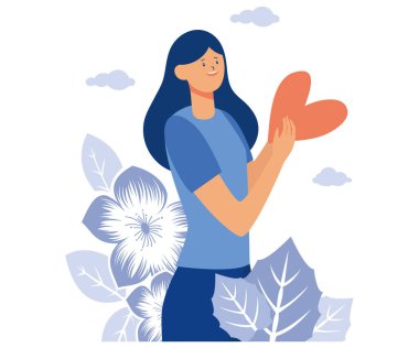 Kendini sevme, kendine saygı. Kadın kalbini elinde tutuyor. Pozitif duygular ve kendinle uyum. Gönüllü kızlar önemser. Kişisel gelişim ve kişisel bakım, düz vektör modern illüstrasyon