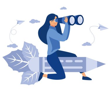 Yetenekli yaratıcı işçiler. Yaratıcı kız tasarımcı kalem roketi üzerinde uçuyor dürbünle fikir arıyor, düz vektör modern illüstrasyon.