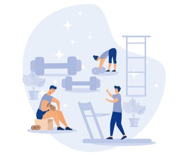 Fitness blogu ve egzersiz uygulaması konsepti. Aktif yaşam tarzı ve fitness eğitimi. Düz vektör modern resimleme.