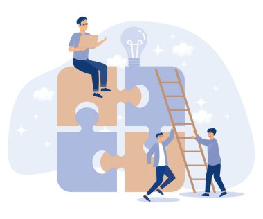 Takım çalışması konsepti. Yapboz elementlerini birleştiren insanlar. Düz vektör modern resimleme.