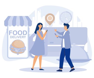Yemek dağıtım servisi. Küçük insanlar internetten yemek sipariş ediyor. Şefler ve kuryeler sipariş için yemek hazırlayın. Pizza, burger, patates kızartması, suşi, pirinç, yemek sepeti, düz vektör modern illüstrasyon.