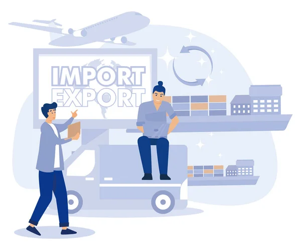 Import Und Exportkonzept Winzige Geschäftsleute Verkaufen Weltweit Waren Und Dienstleistungen — Stockvektor