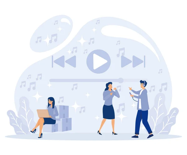 Έννοια Εφαρμογής Media Player Μικροί Άνθρωποι Ακούνε Μουσική Ήχο Ήχο — Διανυσματικό Αρχείο