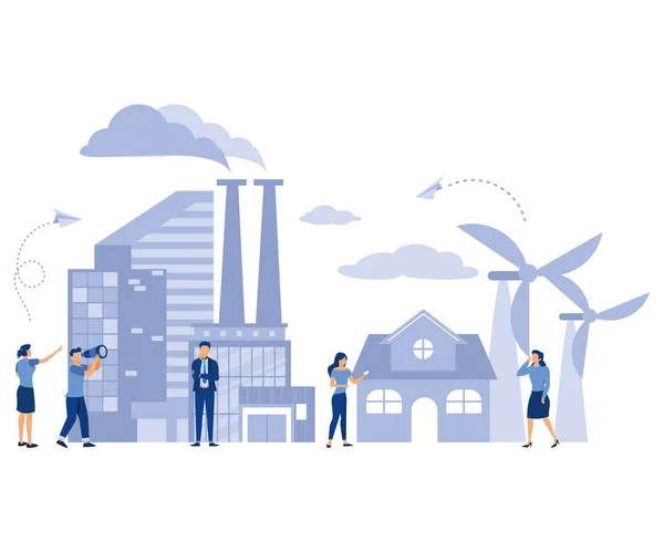 工業用インフォグラフィックテンプレート 生態系と自然汚染の概念 高層ビル 風車からのエネルギー フラットベクトル現代的なイラスト — ストックベクタ