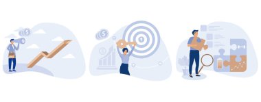 Şirket büyüme konsepti, iş yönetimi, başarının anahtarı, SWOT analizi, iş varlıkları, şirket misyonu, vizyon ve felsefe, düz vektör modern illüstrasyonunu ayarla