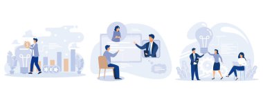 Girişim ve iletişim konsepti, Melek yatırımcı, çevrimiçi buluşma, başlangıç merkezi, finansal destek, çevrimiçi kitle fonlaması, girişimcilik, düz vektör modern illüstrasyon