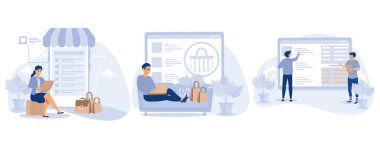 Çevrimiçi perakende satış konsepti, çevrimiçi alışveriş dilek listesi, hisse senedi, perakende satış mağazası, sipariş listem, alışveriş arabası, kullanıcı hesabı, düz vektör modern illüstrasyonunu ayarla