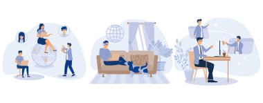 Mesafe çalışma konsepti, dış kaynak kullanımı, iş merkezi, çevrimiçi konferans, serbest iş, takım dijital toplantısı, bilişim sektörü, internet platformu, düz vektör modern illüstrasyon