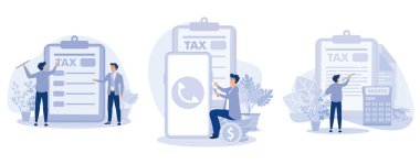 Vergi teslim tarihi kavramı, kağıt ya da telefon vergisi doldurma, vergi beyannamesi, mali rapor, para iadesi, iş karı, sabit vektör modern illüstrasyon