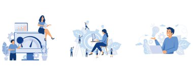 Ölçüm denemesi programı, ürün performans göstergesi, iş grafiği, yükselen başarı kariyeri, insan tasarımcısı parlak fikirler buldu, düz vektör modern illüstrasyonunu ayarladı