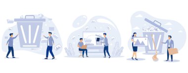 Konsepti sil. Küçük insanlar veri siliyor ve gereksiz dosyaları çöp kutusuna taşıyor, düz vektör modern illüstrasyonunu ayarlıyor